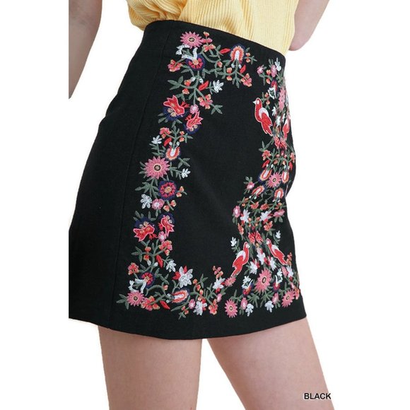 Umgee Floral Embroidered High Waist Mini Skirt, Black - Picture 2 of 5